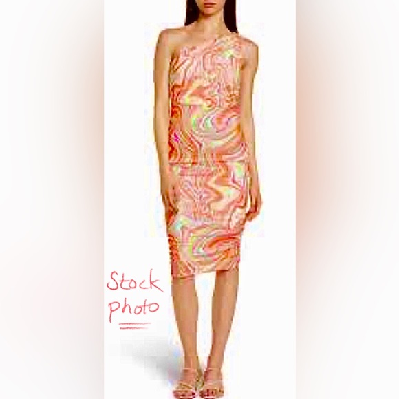 One shoulder stretch-mesh MIDI, Size XL, NWT. Multicolor, Lined, Ruching. - Picture 13 of 13